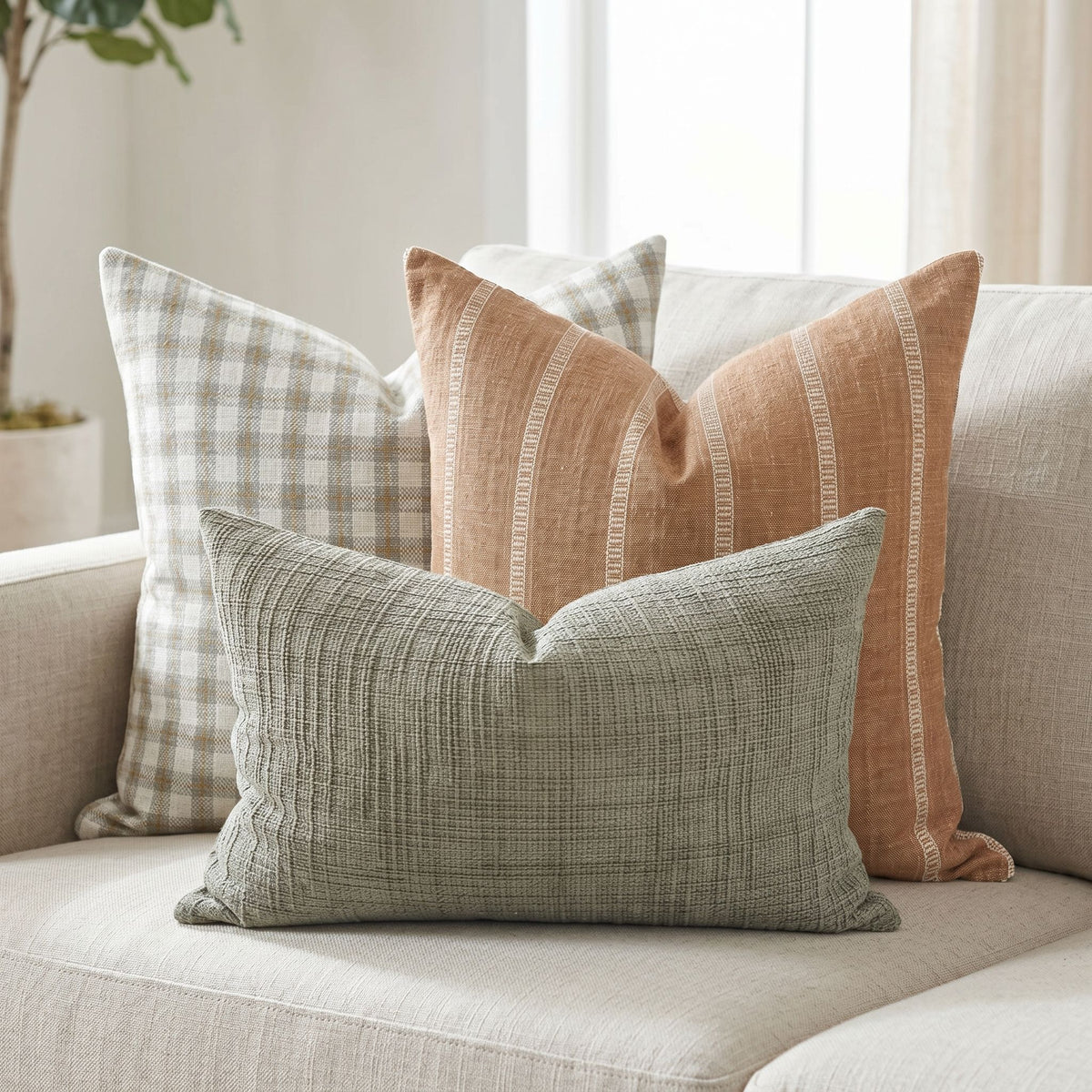 Close-up of a textured pillow cover on a neutral-toned sofa, showcasing vertical stitched stripes and artisanal weave.