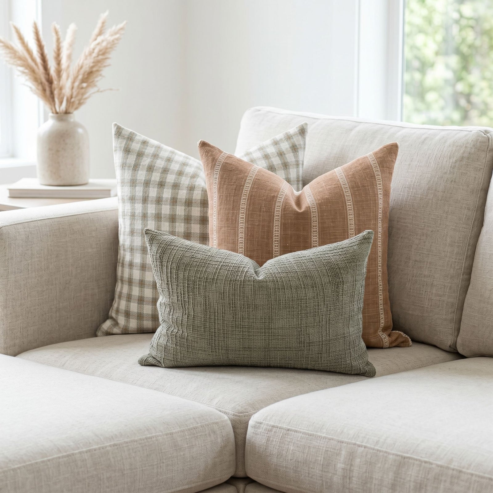 Close-up of a textured pillow cover on a neutral-toned sofa, showcasing vertical stitched stripes and artisanal weave.