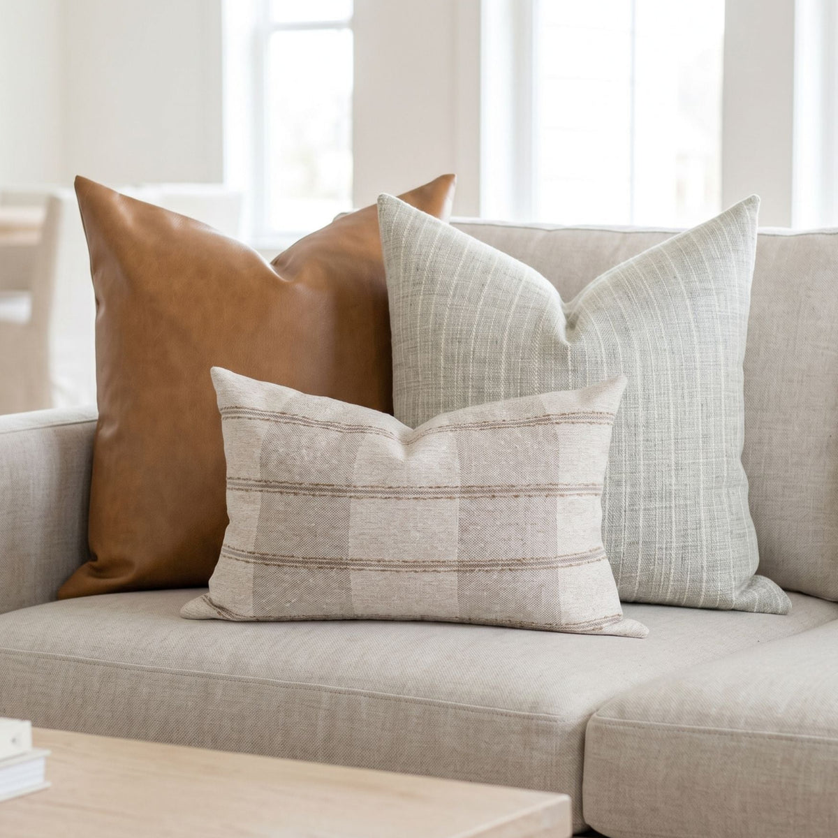 Close-up of caramel leather pillow cover on a neutral-toned sofa with soft natural lighting, emphasizing texture and craftsmanship.