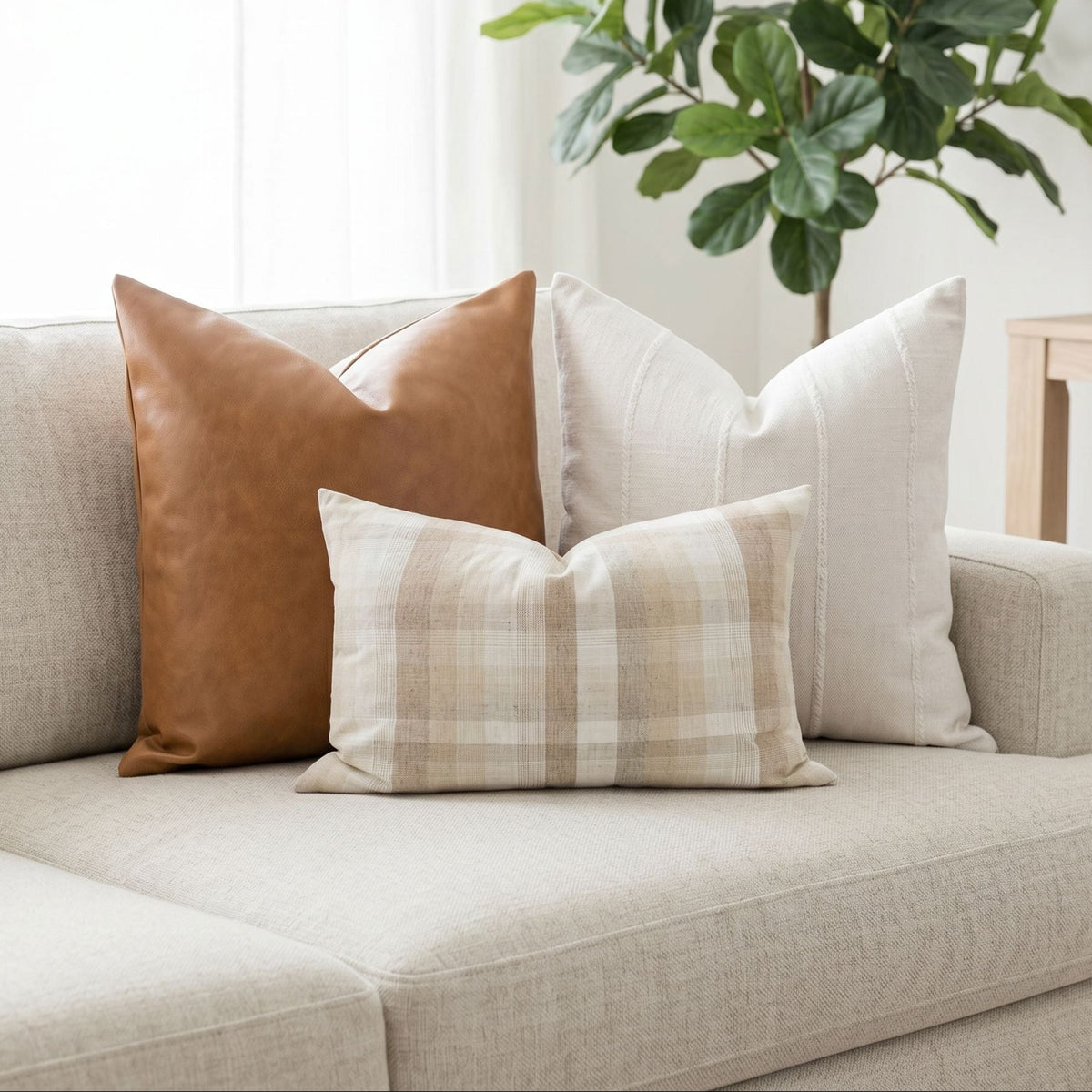 Leather Sofa Combo 1 pillows arranged on a light, airy sofa with a neutral palette, highlighting textured fabrics and subtle patterns.