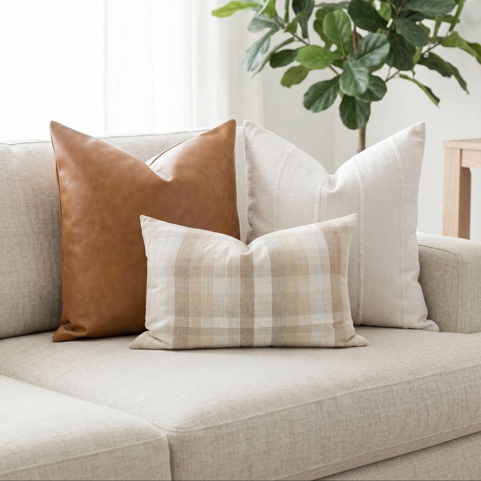 Complete Leather Sofa Combo 1 pillows displayed on a bright, neutral sofa, emphasizing detailed textures and artisanal craftsmanship.