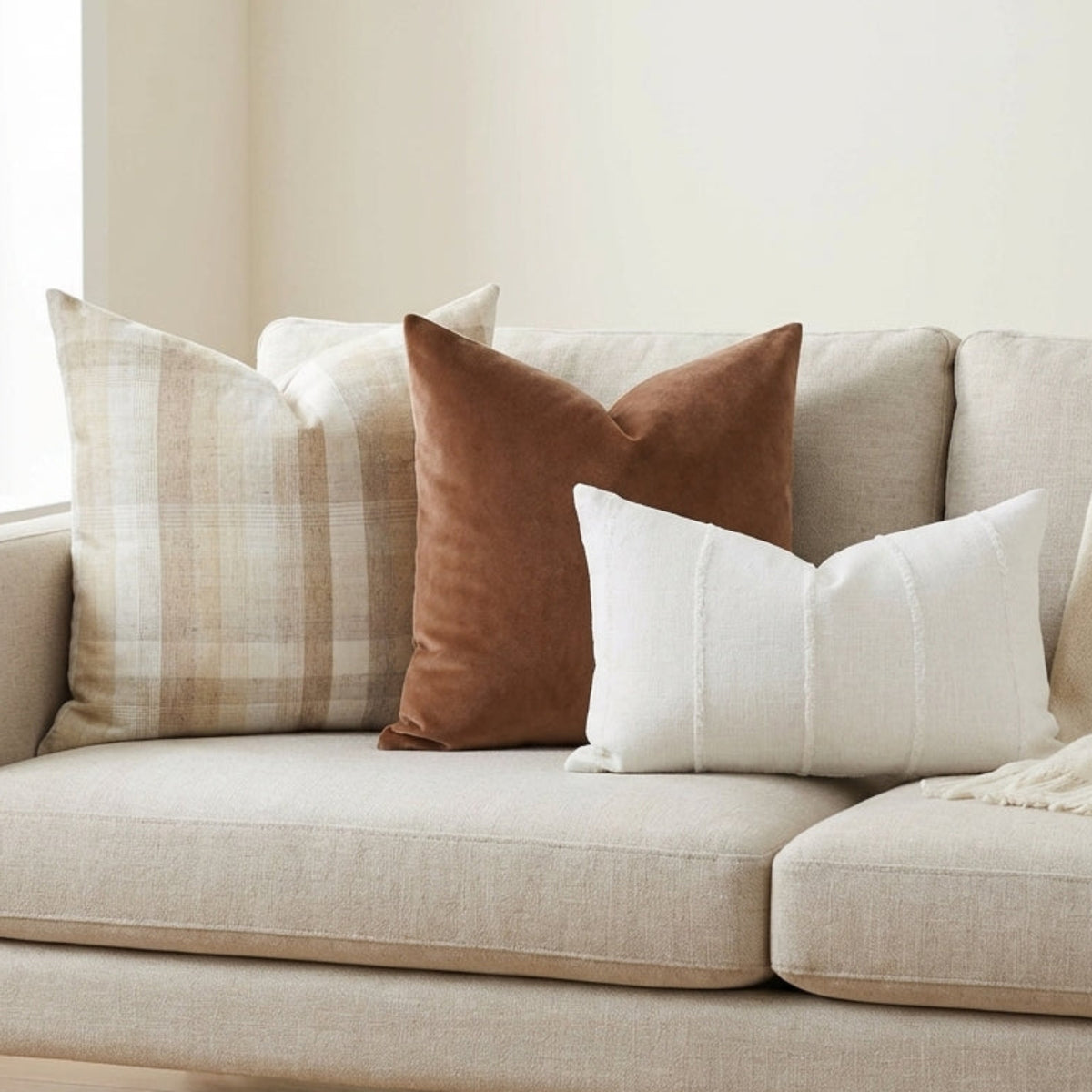 Bright scene with a stylish sofa decorated with three elegant pillow covers, showcasing plush velvet and textured fabrics in a sophisticated living space.
