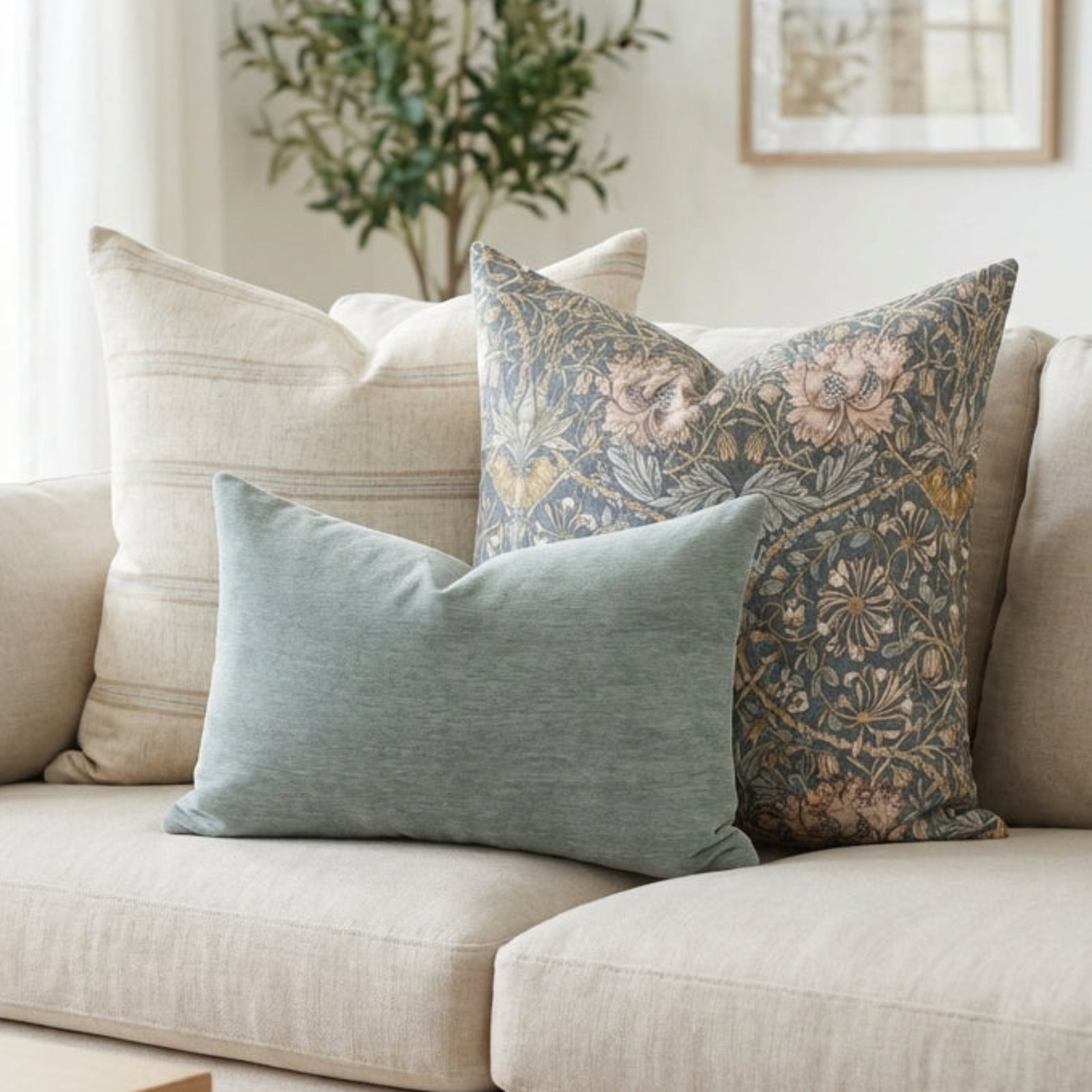 Realistic scene of Marlow Sofa Combo pillows arranged on a plush sofa in a bright, airy living room with soft lighting and detailed fabric textures.