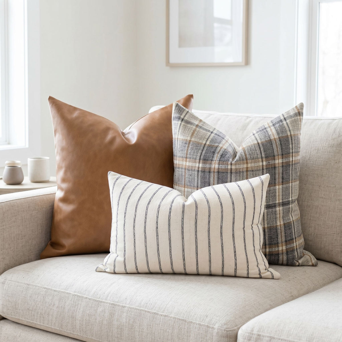 Close-up of 20x20 leather pillow from the Leather Sofa Combo 3 on a neutral sofa, showcasing detailed stitching and smooth texture.