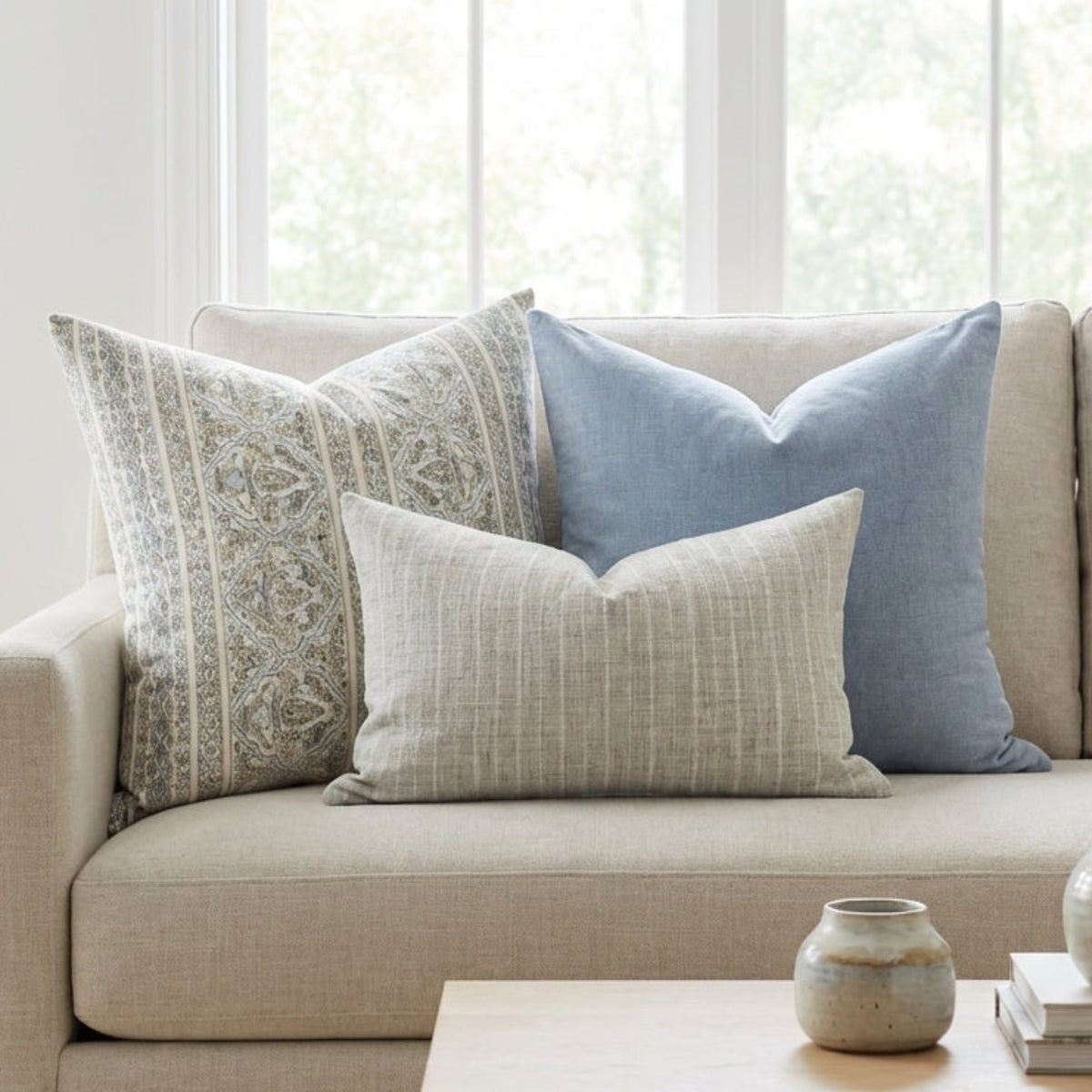 Full view of the sofa with Mixed Combo 2 pillows in a bright, airy living space, showcasing size, texture, and high-quality fabrics.