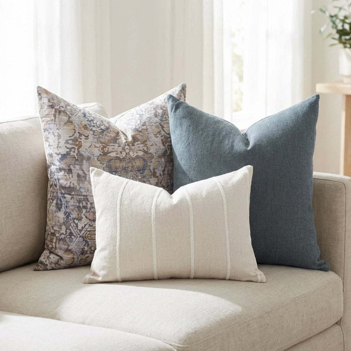 Close-up of 'Mixed Combo 3' pillow covers on a neutral-toned sofa, highlighting textures, subtle patterns, and hidden white zippers.