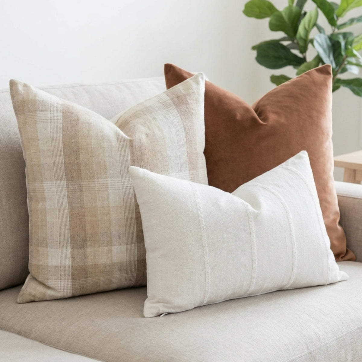 Set of three pillow covers on a neutral sofa, highlighting velvet plushness and patterned fabrics in a modern, minimalist setting.