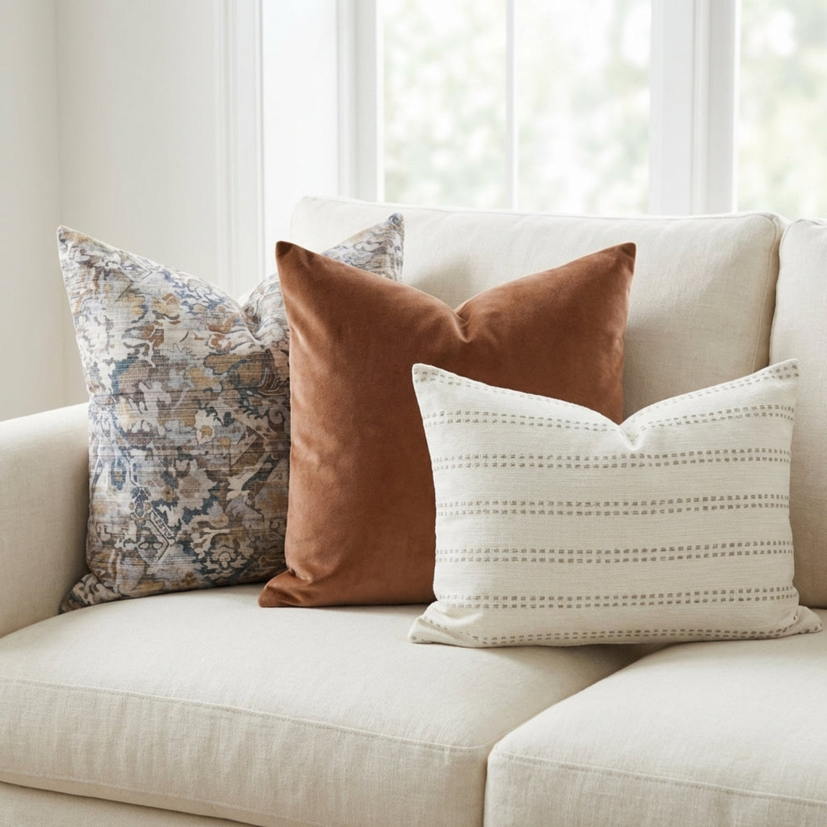Close-up of Mixed Combo 7 pillow covers on a light couch, highlighting detailed textures and vibrant colors of saffron, copper velvet, and grey stripe fabrics.