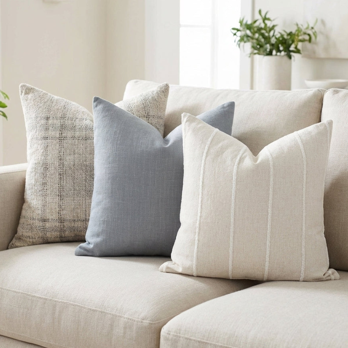 Three mixed pillow covers from the 'Mixed Combo 8' set arranged on a neutral-toned sofa in a bright, airy living room, highlighting subtle patterns and high-quality fabrics.