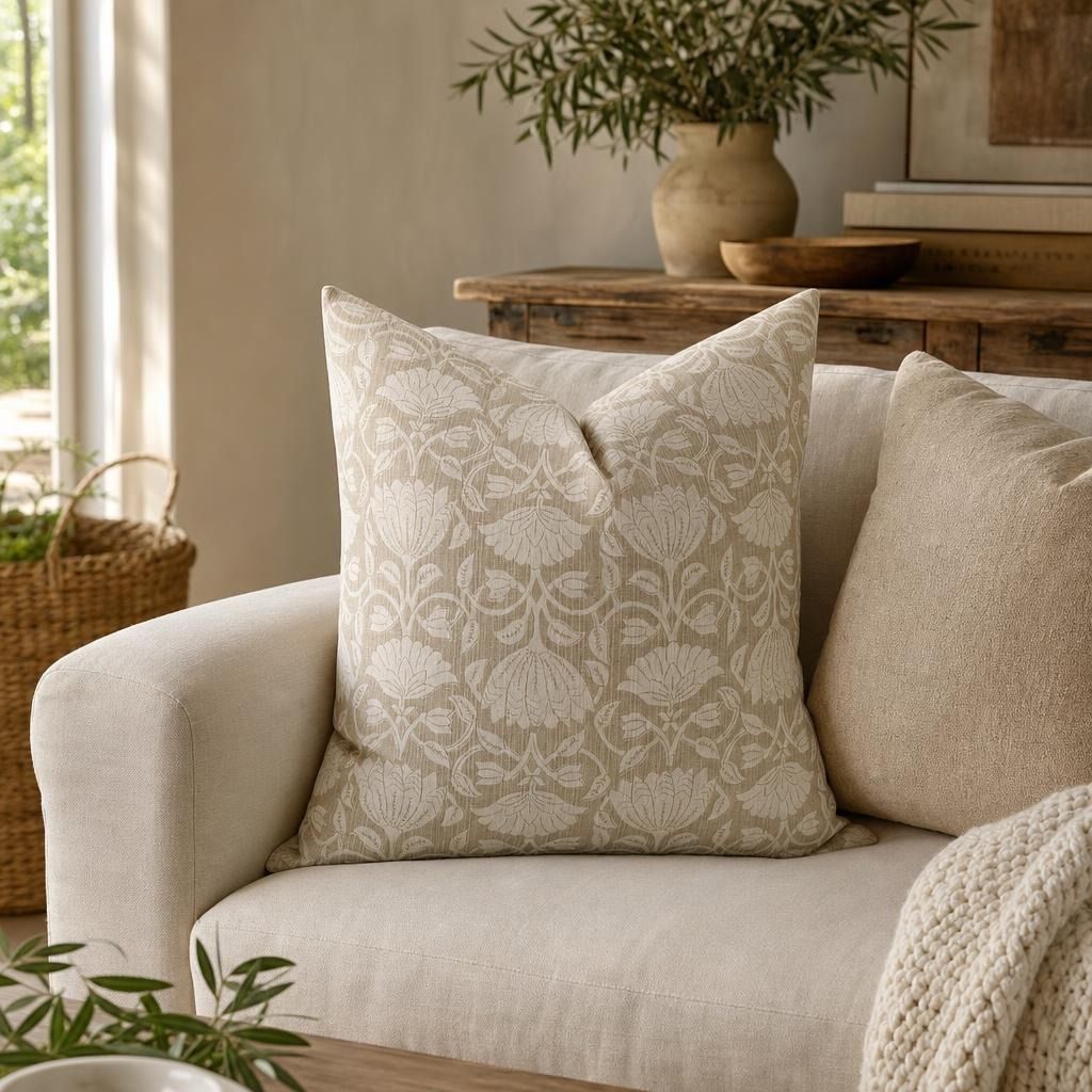 August floral block print pillow cover featuring an ivory and beige botanical pattern on textured fabric with a designer knife-edge finish.