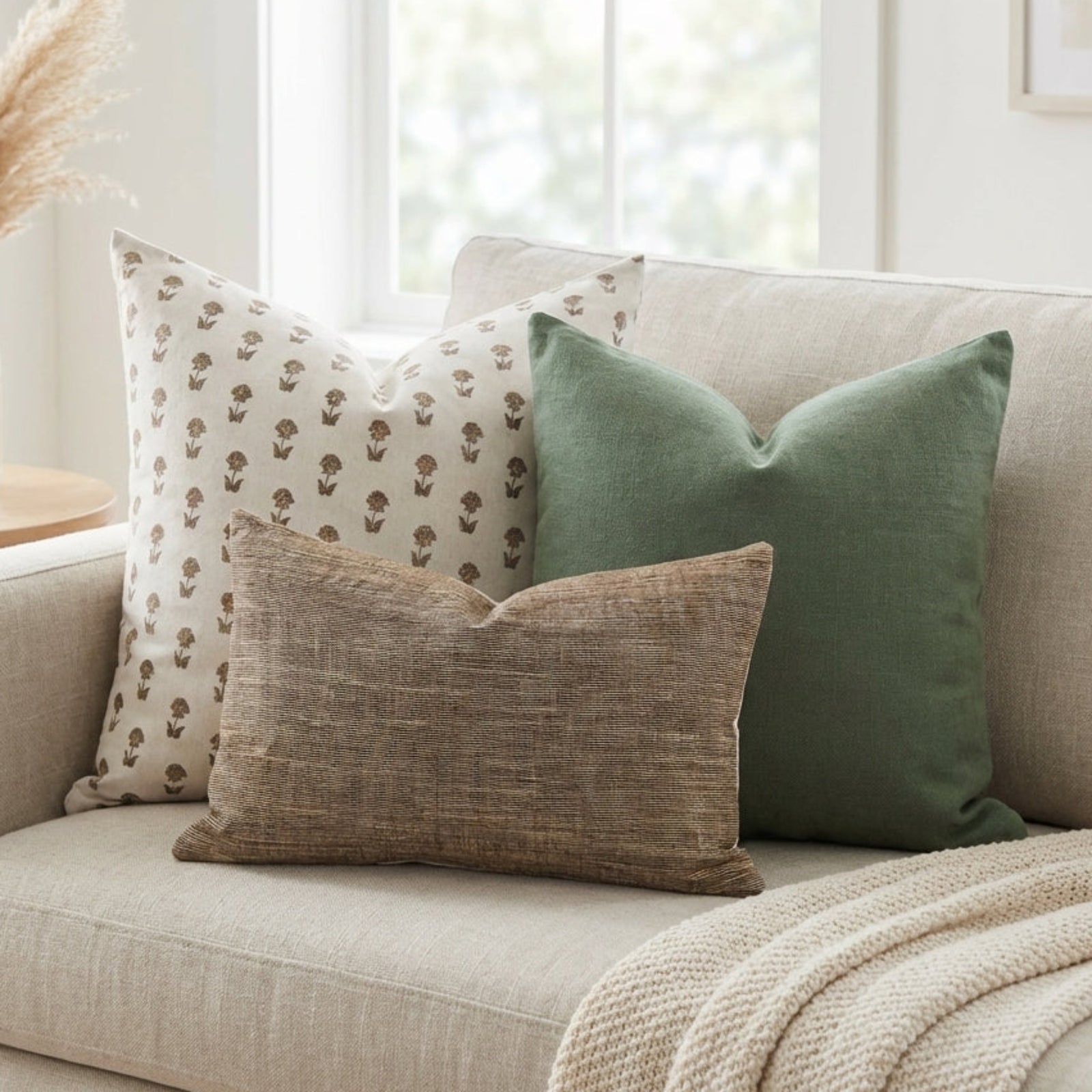 Close-up of Single-Sided Combo 3 pillows on a minimalist sofa, focusing on fabric micro-texture, craftsmanship, and natural fabric colors.