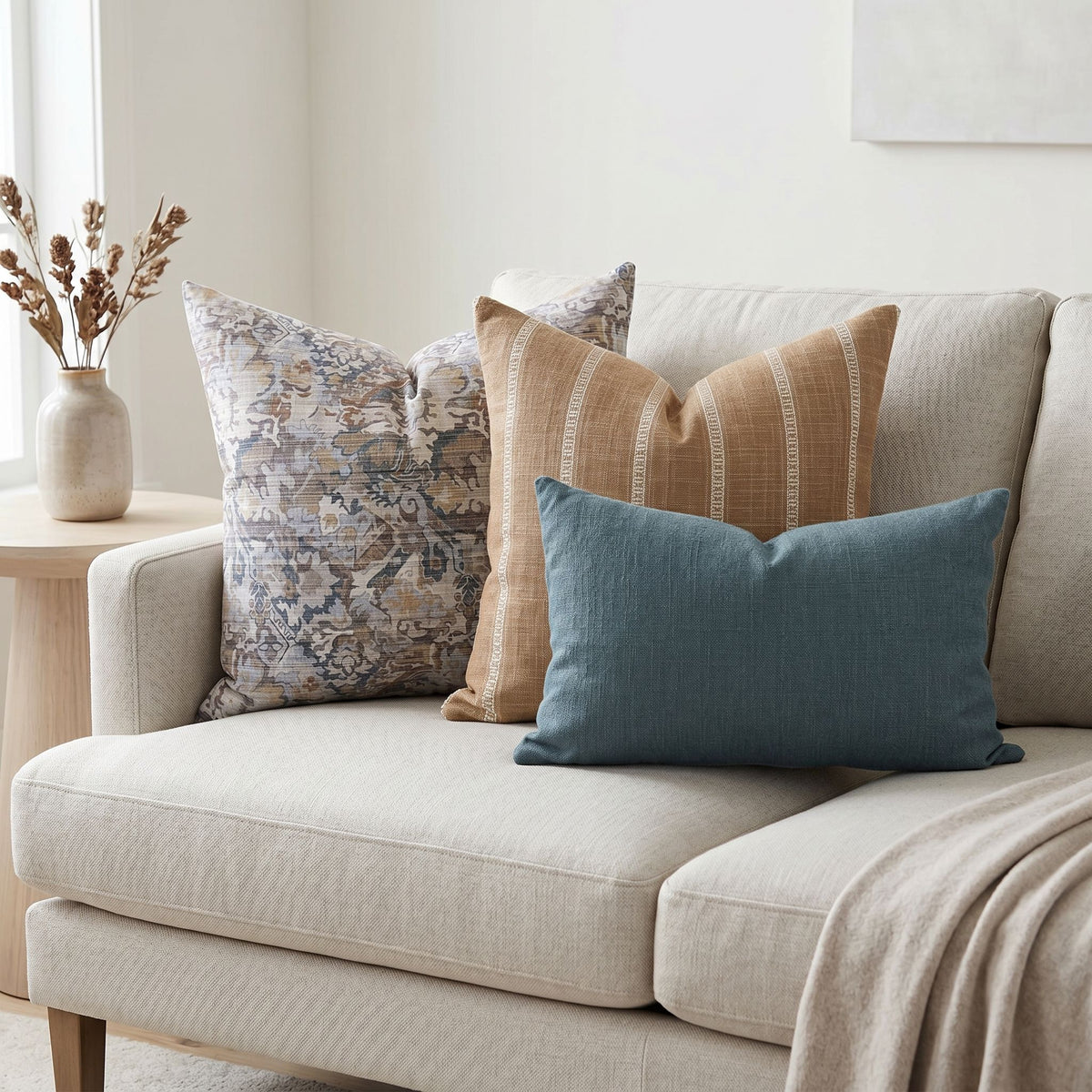 Modern sofa decorated with Kyrstan pillow combo featuring earthy tones and textured fabrics in a neutral, airy living space.
