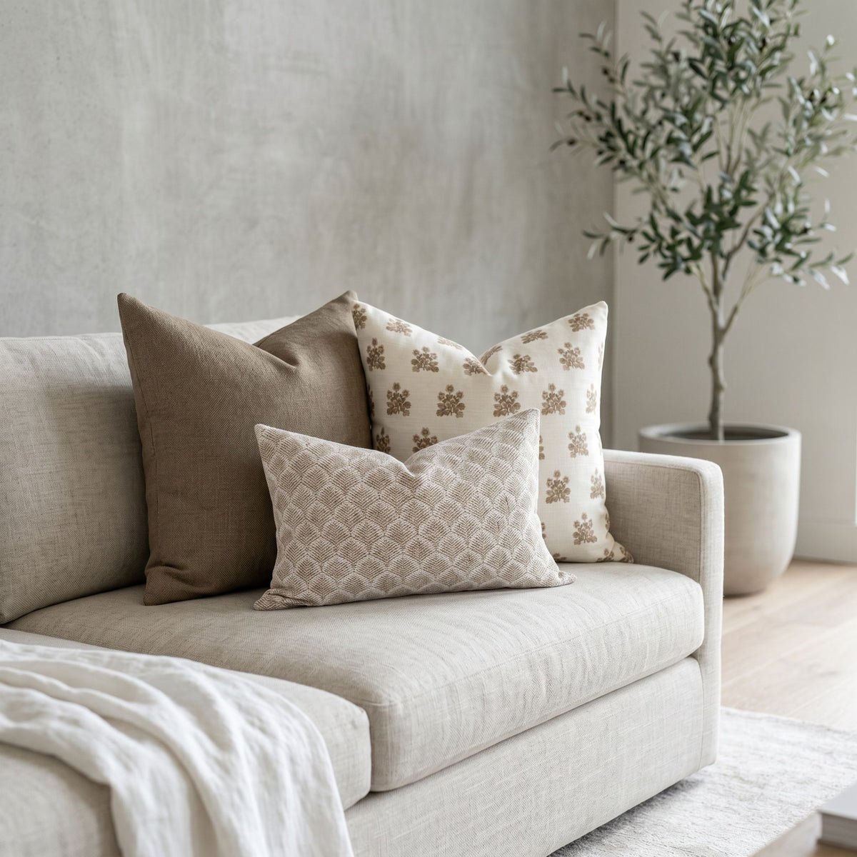 Full-view of Scarlett Sofa Combo 1 pillows arranged on a modern sofa in a minimalistic and bright living area.