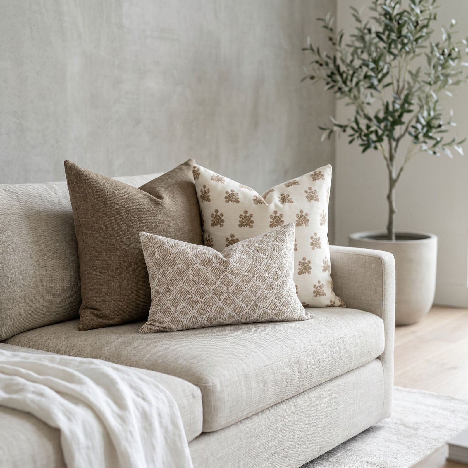 Close-up of Scarlett Sofa Combo 1 pillows on a neutral-toned sofa in a bright living room with textured fabrics and vintage patterns.