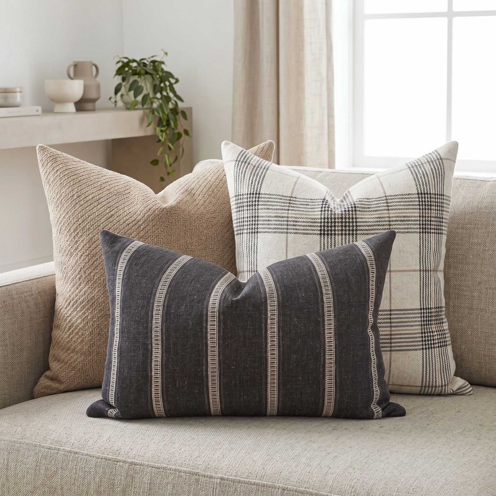 Close-up of Monroe Sofa Combo 1 pillows on a neutral-toned sofa in a bright, airy living room highlighting textures and patterns.