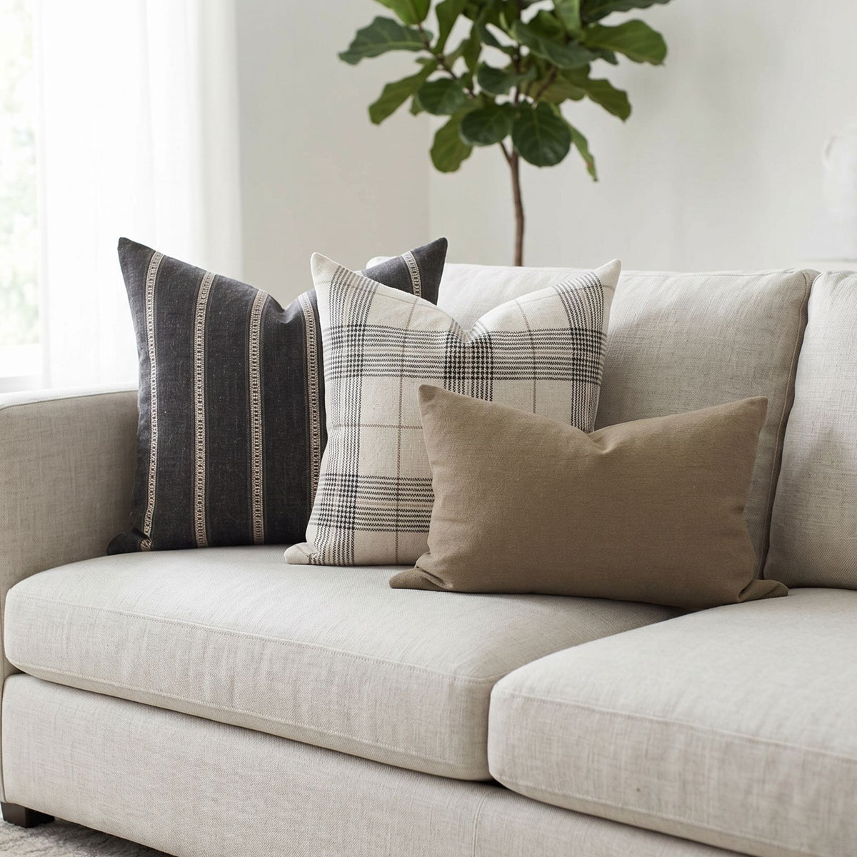 Arrangement of Monroe Sofa Combo 2 pillows on a neutral-toned sofa in a spacious airy living room with natural light, highlighting textures and handcrafted details.