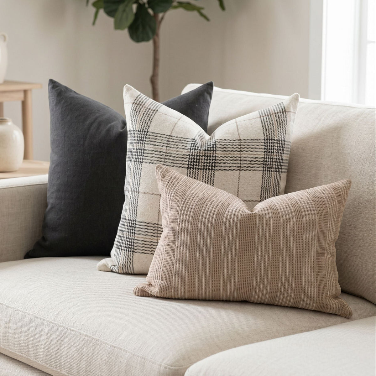Sofa with Monroe Sofa Combo 3 pillows in a neutral-toned living room creating a modern traditional atmosphere.