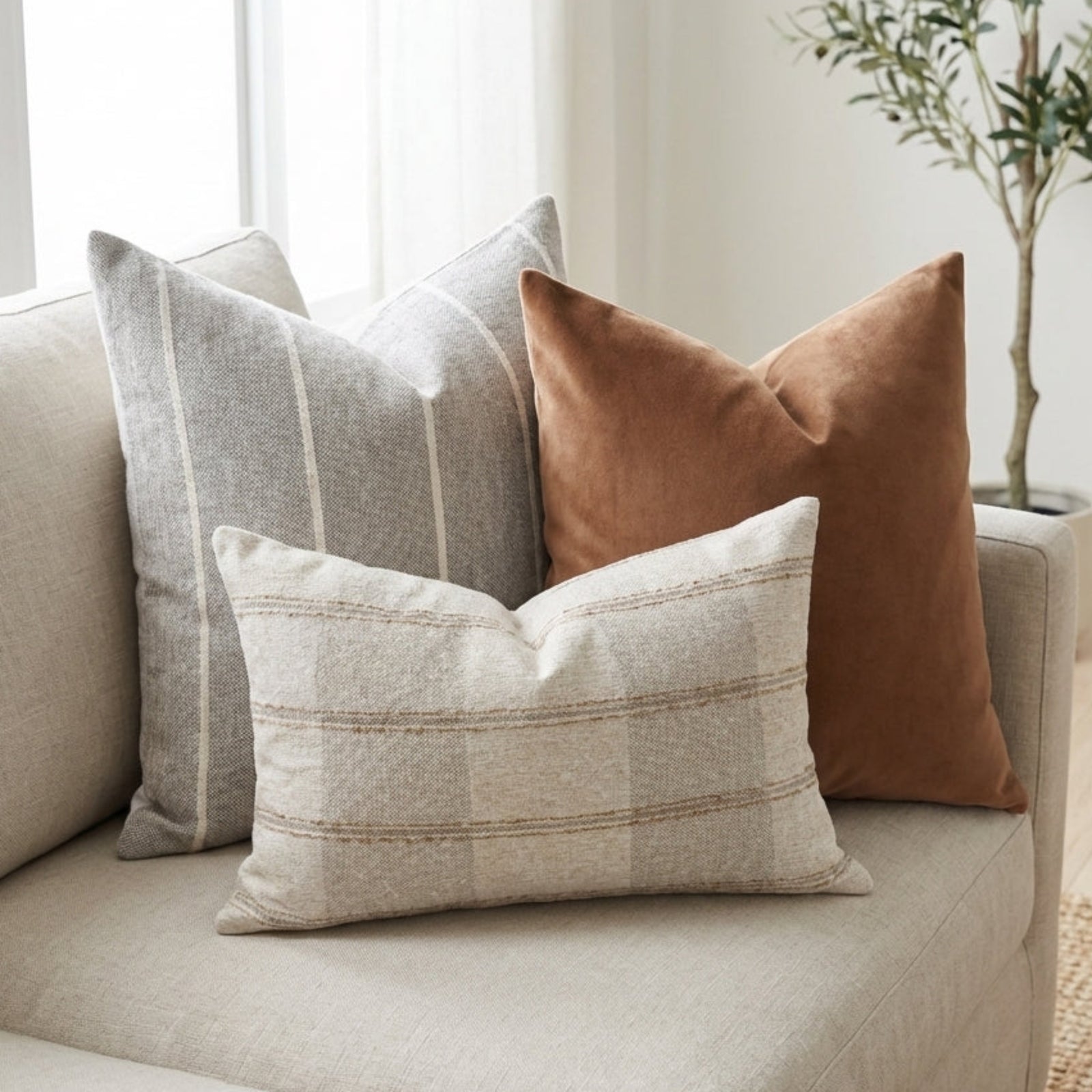 Casual arrangement of Gage Sofa Combo 6 pillows on a neutral airy sofa, highlighting textures and fabrics in a modern living space.