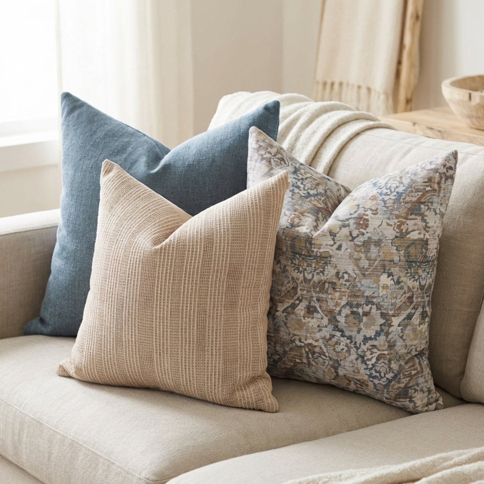 Close-up of 'Single-Sided Combo 1' pillow set on a light sofa, highlighting textures, patterns, and fabric details in a serene setting.