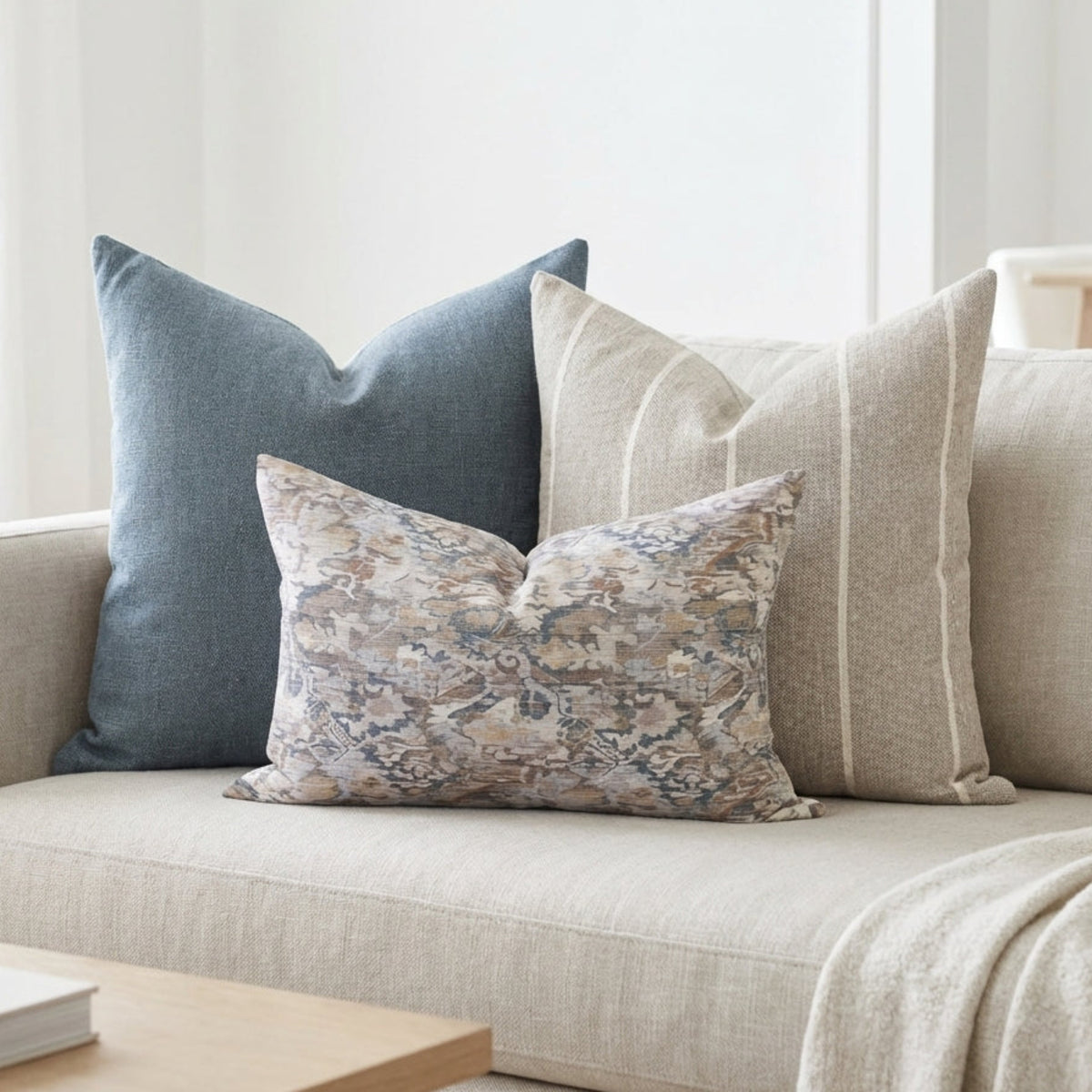 Gage Sofa Combo 3 pillows arranged on a neutral, airy sofa in a cozy living space, highlighting textures, fabric details, and zipper features.