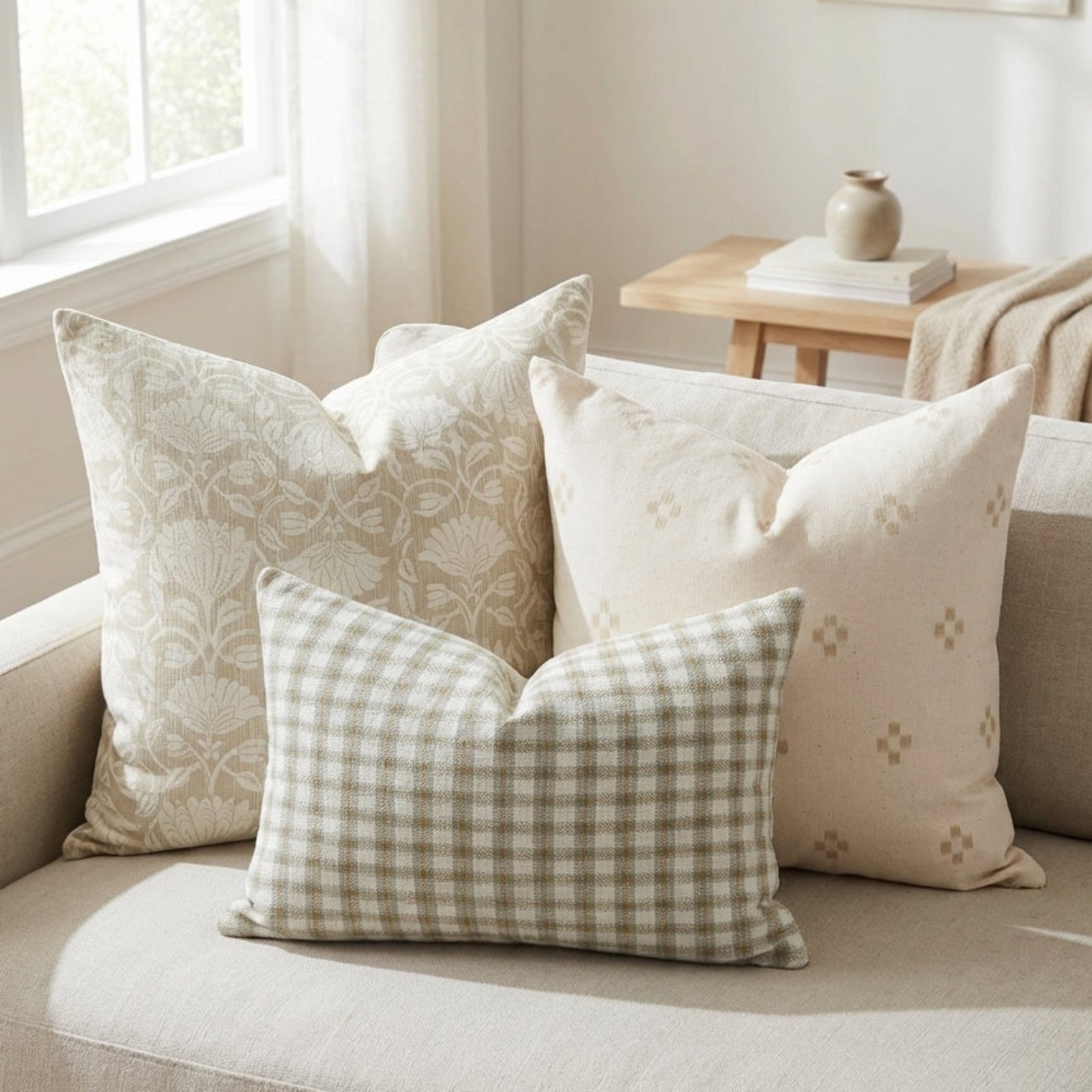 Cozy sofa scene with the Hailee Sofa Combo 3 pillows featuring subtle patterns and textures on a soft, airy fabric sofa, in a minimalist modern setting.