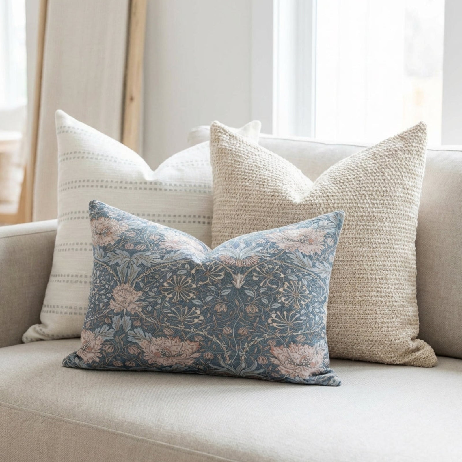 Sofa decorated with the Single-Sided Combo 6 pillow covers in blue, neutral tones, and textured fabrics, creating a relaxed, airy living space.