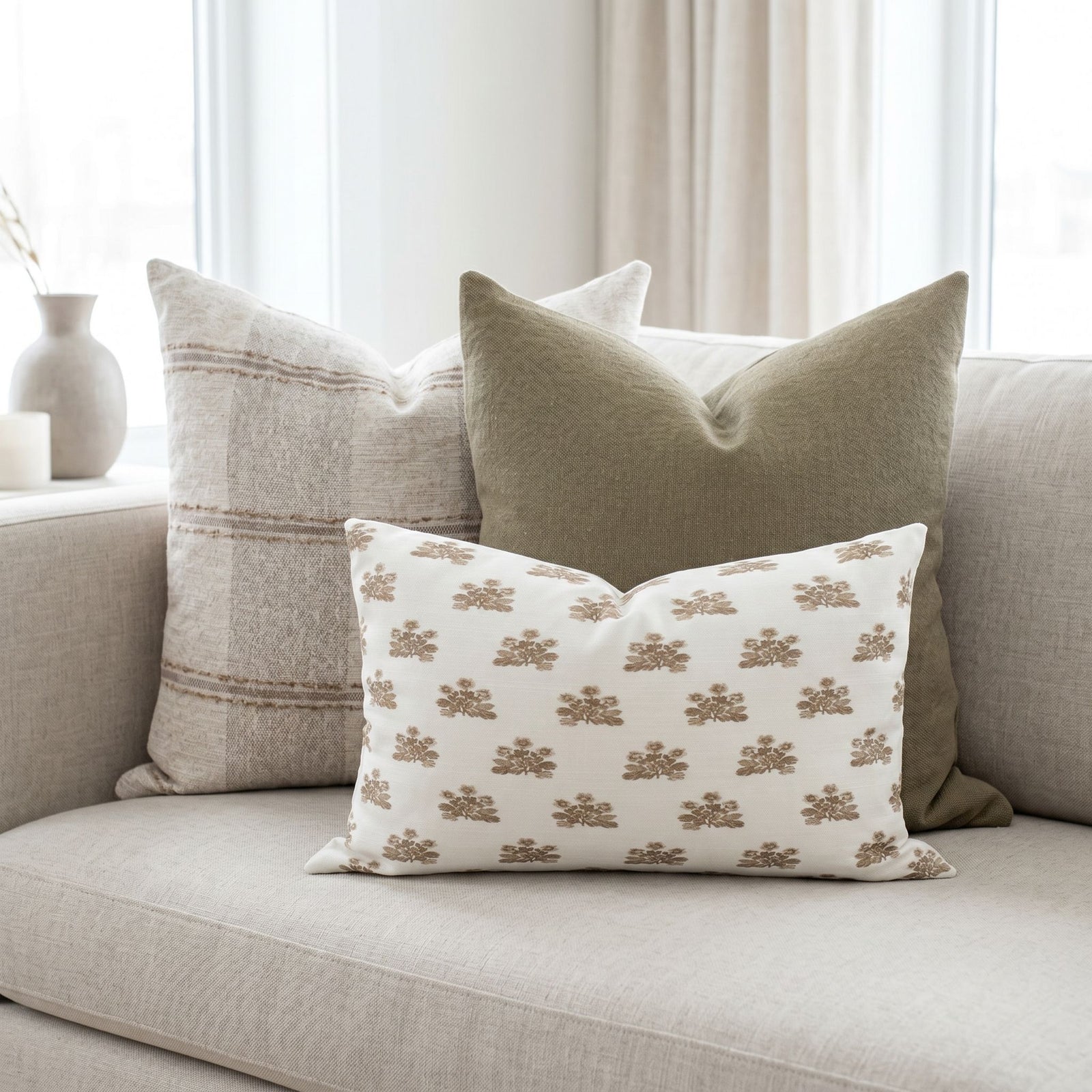 Sofa with Stetson, Brit, and Scarlett pillows arranged on a modern, neutral sofa in a bright, airy living room, showcasing textured fabrics and vintage patterns.