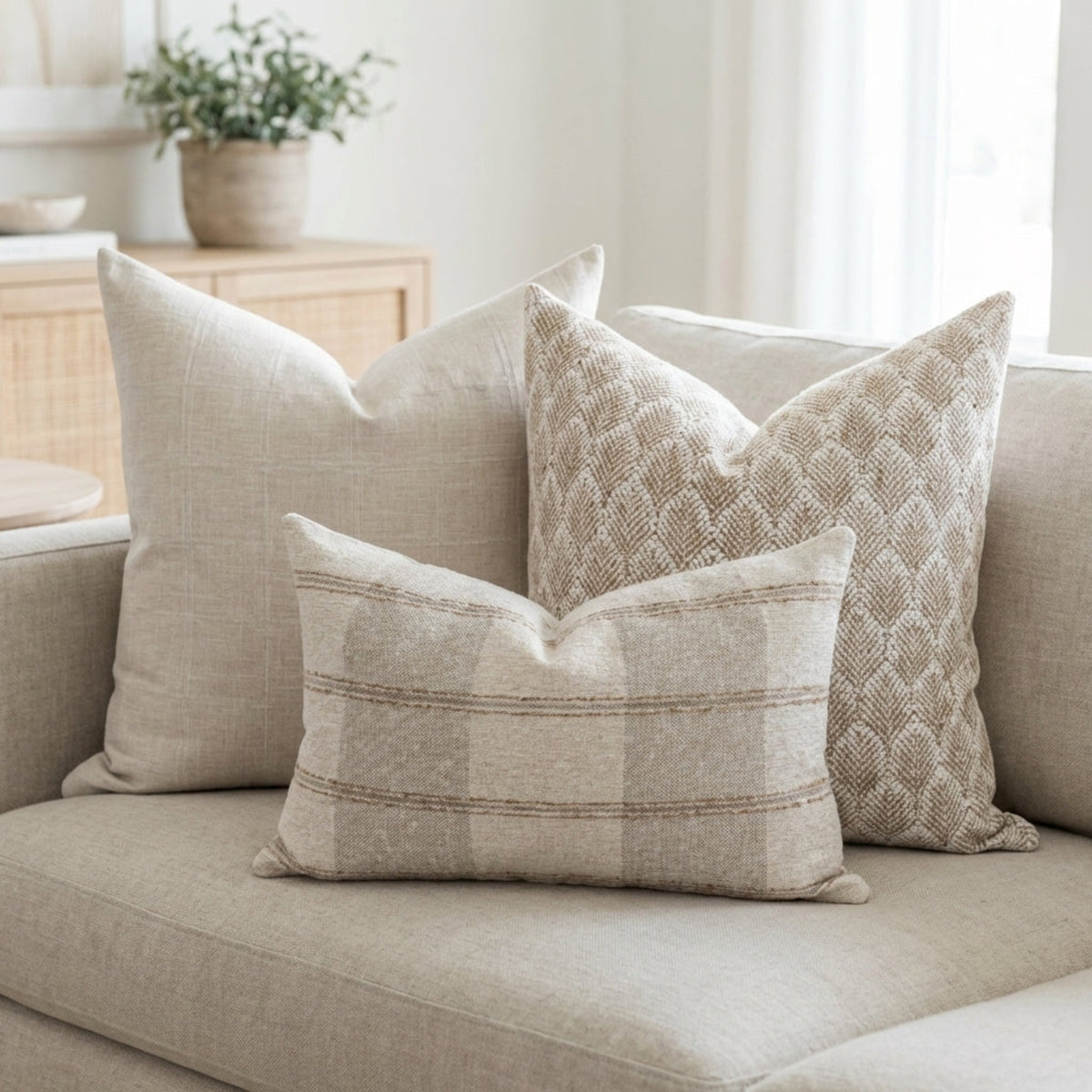 Close-up of Oversized Combo 10 pillows on a neutral sofa showing textures and patterns of Margot, Whitaker, and Stetson.