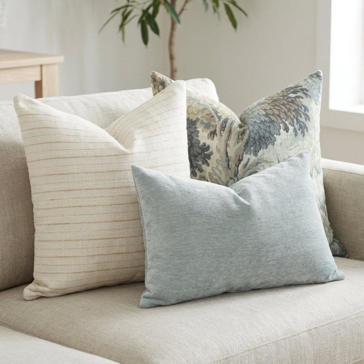 Close-up of Oversized Combo 11 pillows on a light-toned sofa in an airy, bright room highlighting muted greens, warm neutrals, and delicate patterns.