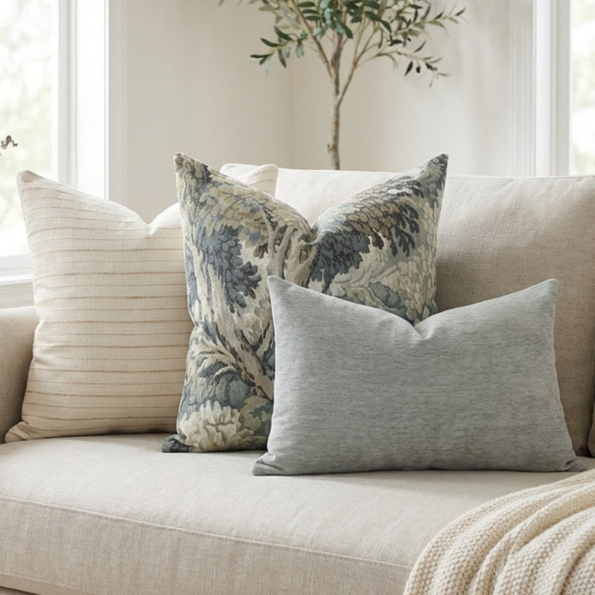 Full view of Oversized Combo 11 pillows on a neutral-toned sofa in a spacious, airy living space with calm, natural lighting and detailed textures.