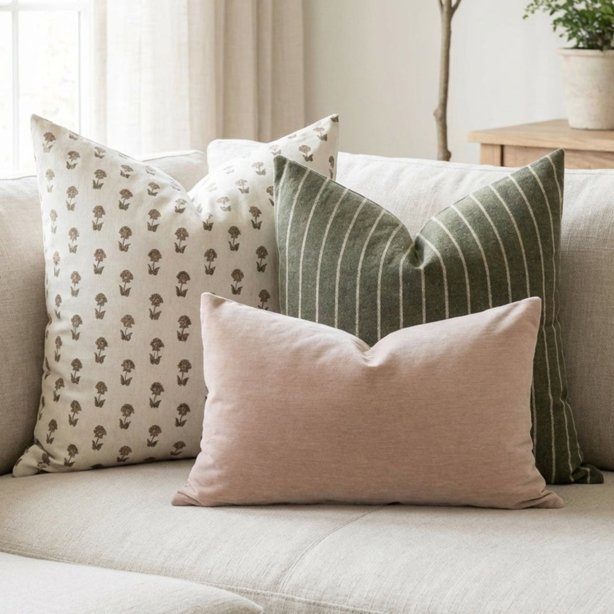 Close-up of Oversized Combo 1 pillow set on neutral sofa, highlighting fabric textures, delicate patterns, and hidden zippers