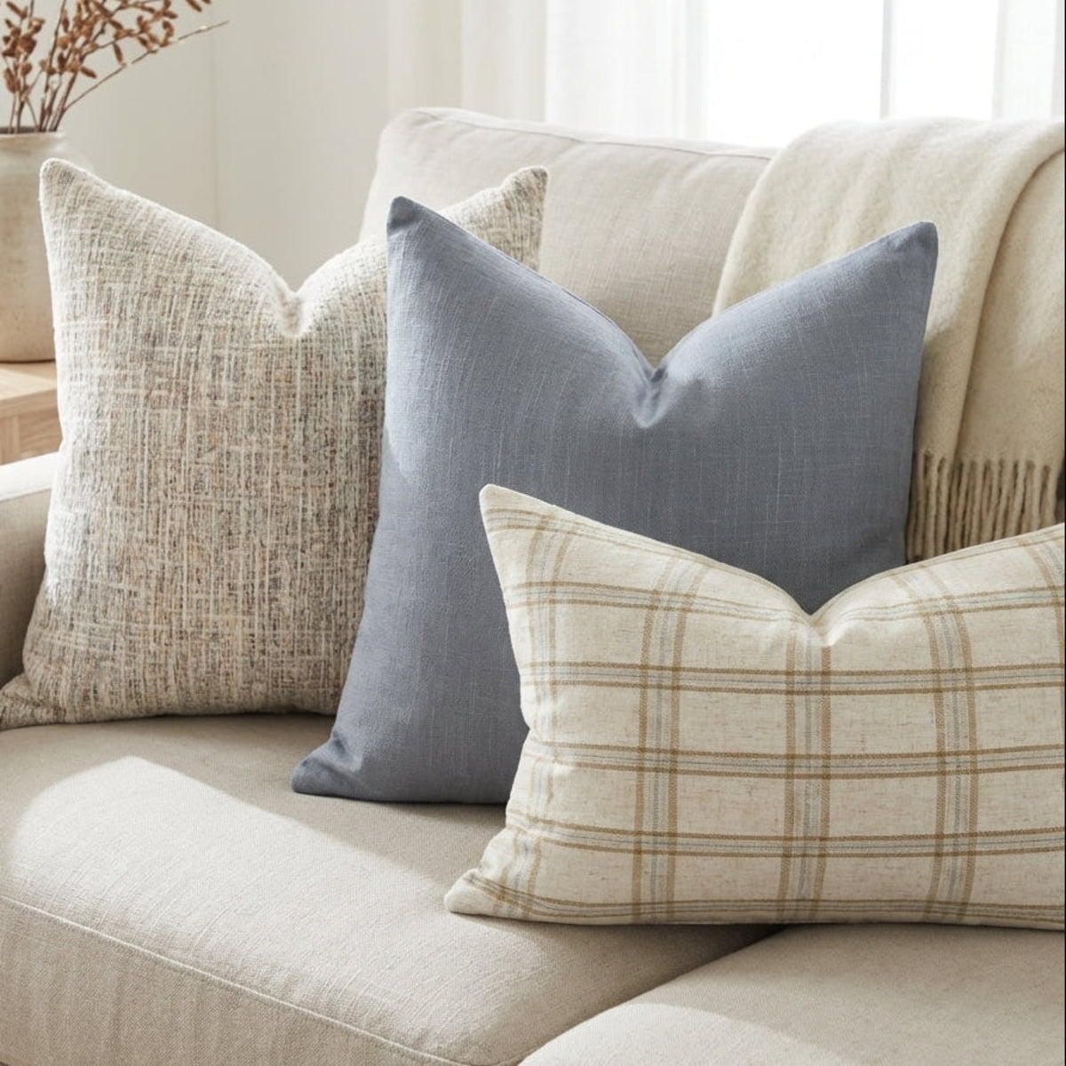 Three luxurious pillow covers from Oversized Combo 3 placed on a neutral, airy sofa, highlighting soft textures and calming colors.