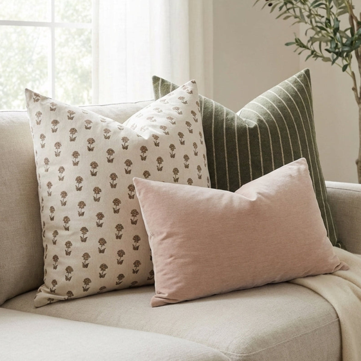 Full shot of Oversized Combo 1 pillows arranged on a minimalist sofa in a bright, airy space showcasing patterns and textures
