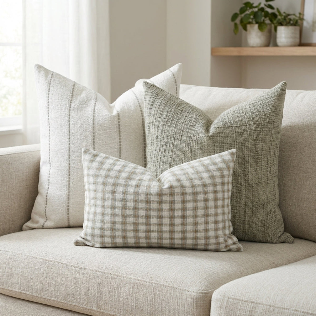 Set of three pillow covers on a neutral-toned sofa with natural fabric textures in a light, airy modern interior.
