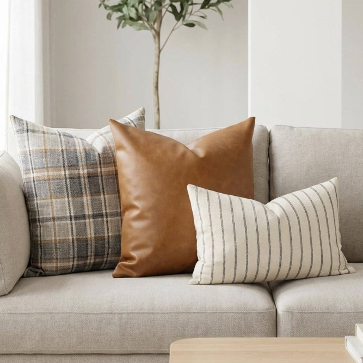 Full view of plush oversized combo pillows on a modern neutral sofa highlighting Merritt, Leather, and Mason Stripe designs in a calm, sophisticated setting.