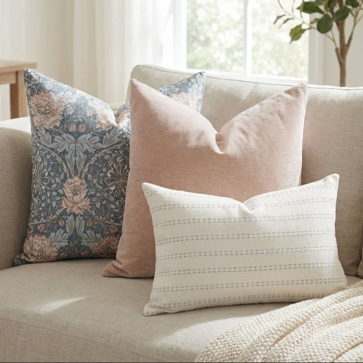 Close-up of Oversized Combo 7 pillow covers on a neutral sofa, highlighting intricate floral pattern and soft blue tones.