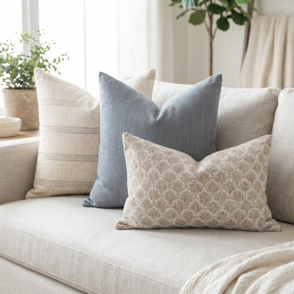 Living room scene with neutral-toned sofa styled with Oversized Combo 2 pillow covers in a relaxed, elegant setup.