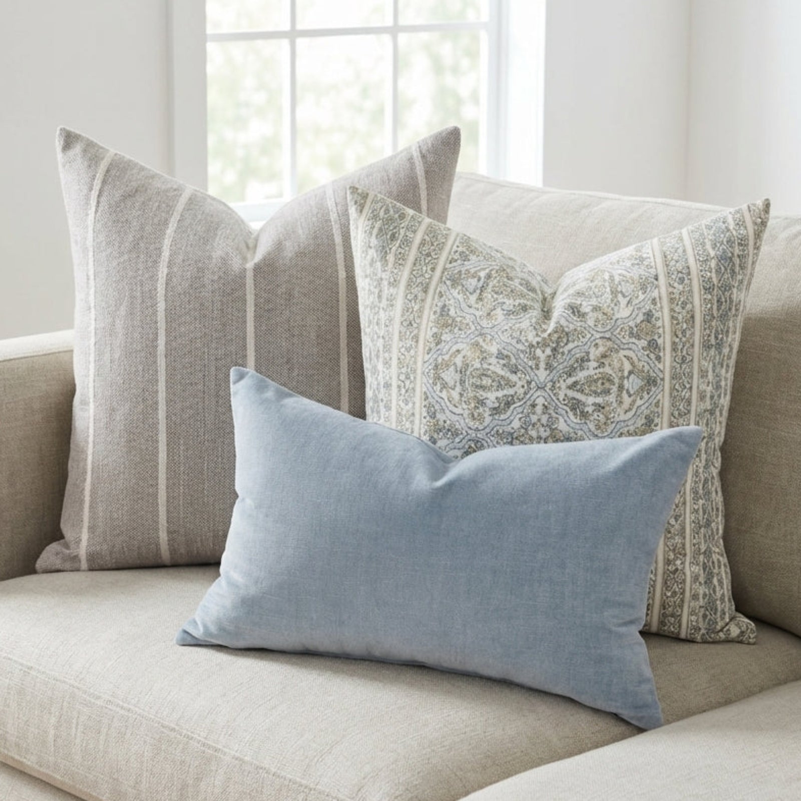 Neutral-toned sofa styled with Gage Pillow Combo 1 in a minimalist, airy room with soft natural textures.