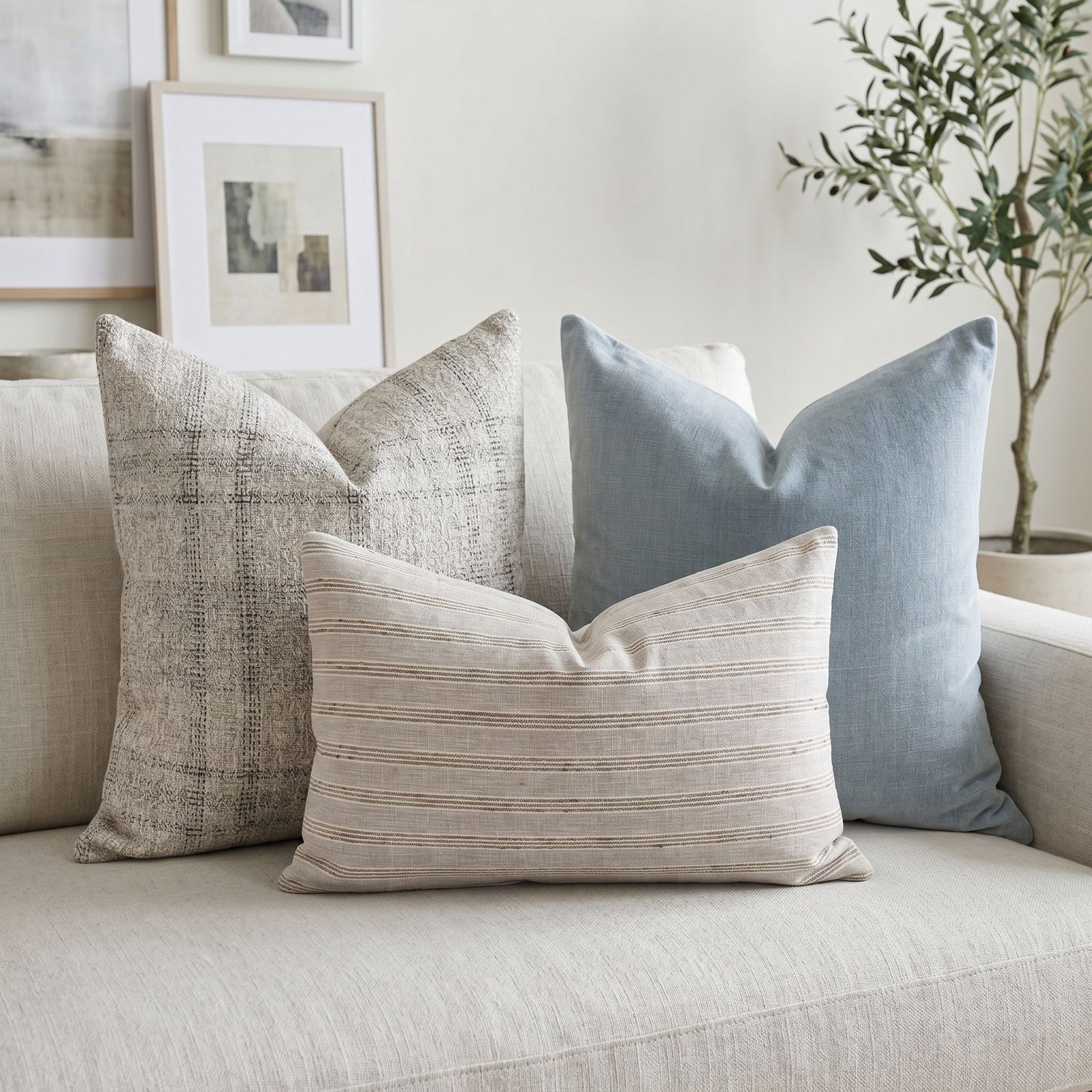 High-resolution view of Bennett Sofa Combo 1 pillows on a neutral sofa, highlighting craftsmanship, textures, and sophisticated pattern alignment in a living room.