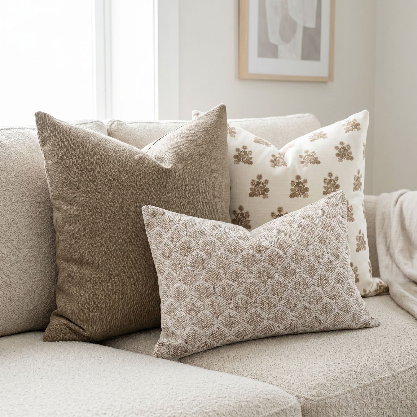 Close-up of Scarlett Sofa Combo 1 pillows on a neutral-toned sofa in a bright living room with textured fabrics and vintage patterns.