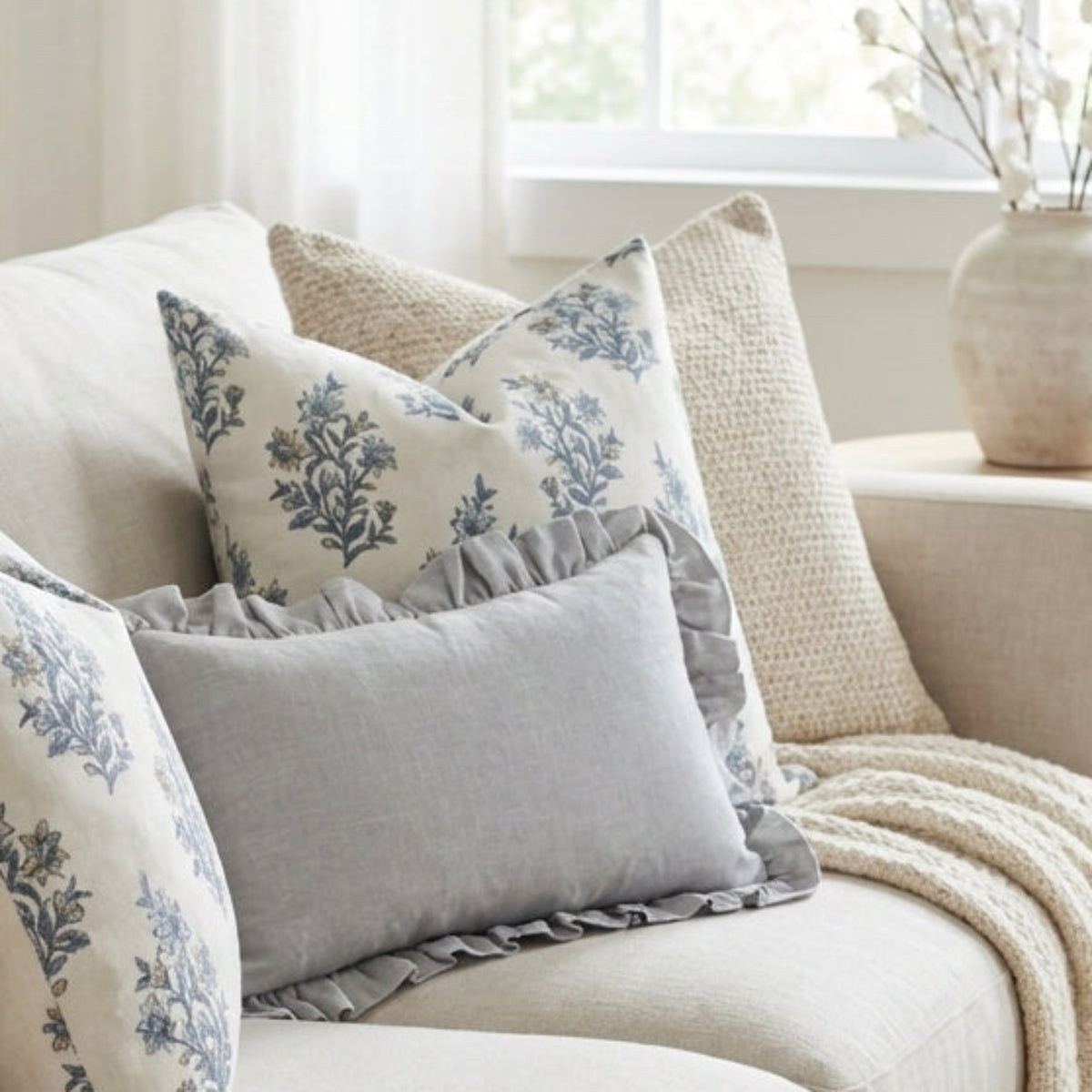 Layered Ronan Sofa Combo 5 pillows on a neutral-toned sofa, showcasing soft textures and patterns in a calming, airy scene.