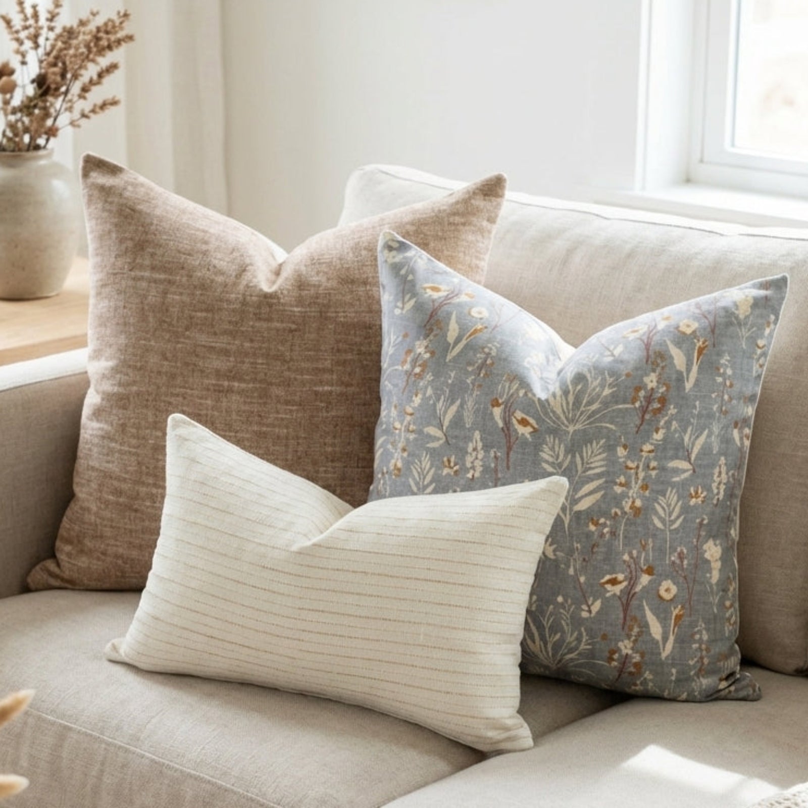 Casual arrangement of the Single-Sided Combo 7 pillow set on a neutral sofa in a light-filled, minimalistic living room.