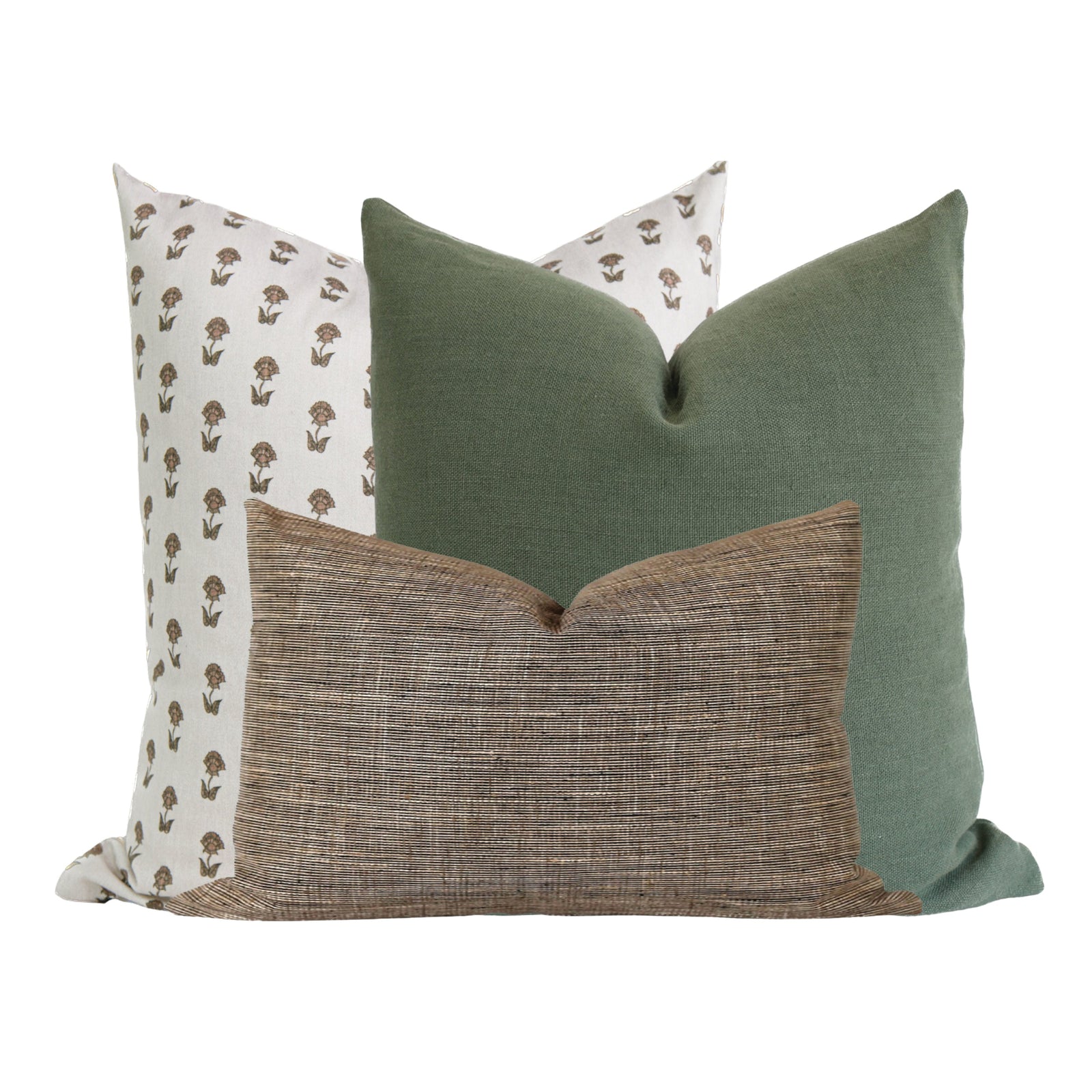 Close-up of Single-Sided Combo 3 pillows on a minimalist sofa, focusing on fabric micro-texture, craftsmanship, and natural fabric colors.