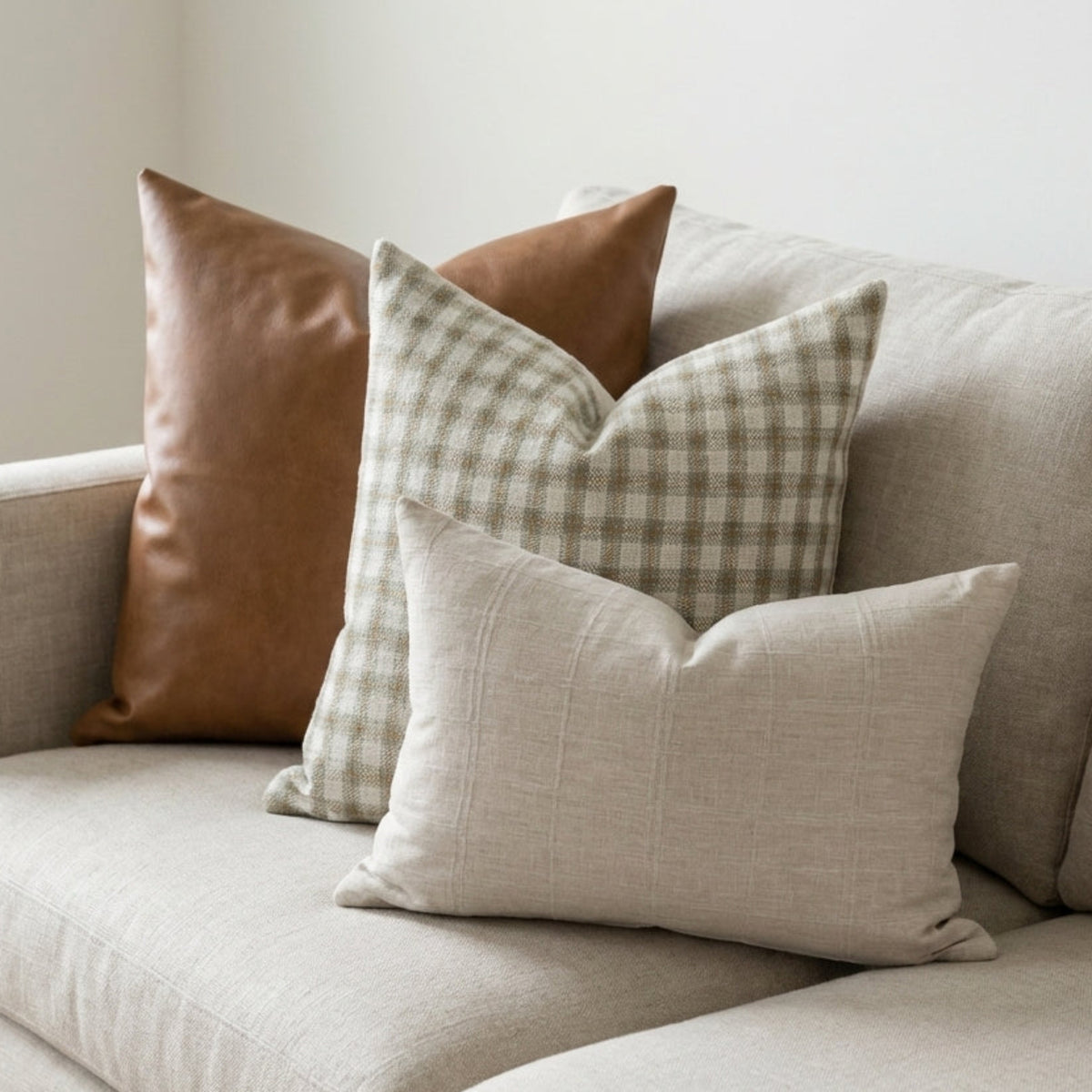 Living room scene with sofa adorned with Mixed Combo 5 pillow covers including leather, Knox, and Margot, in a neutral, airy environment.