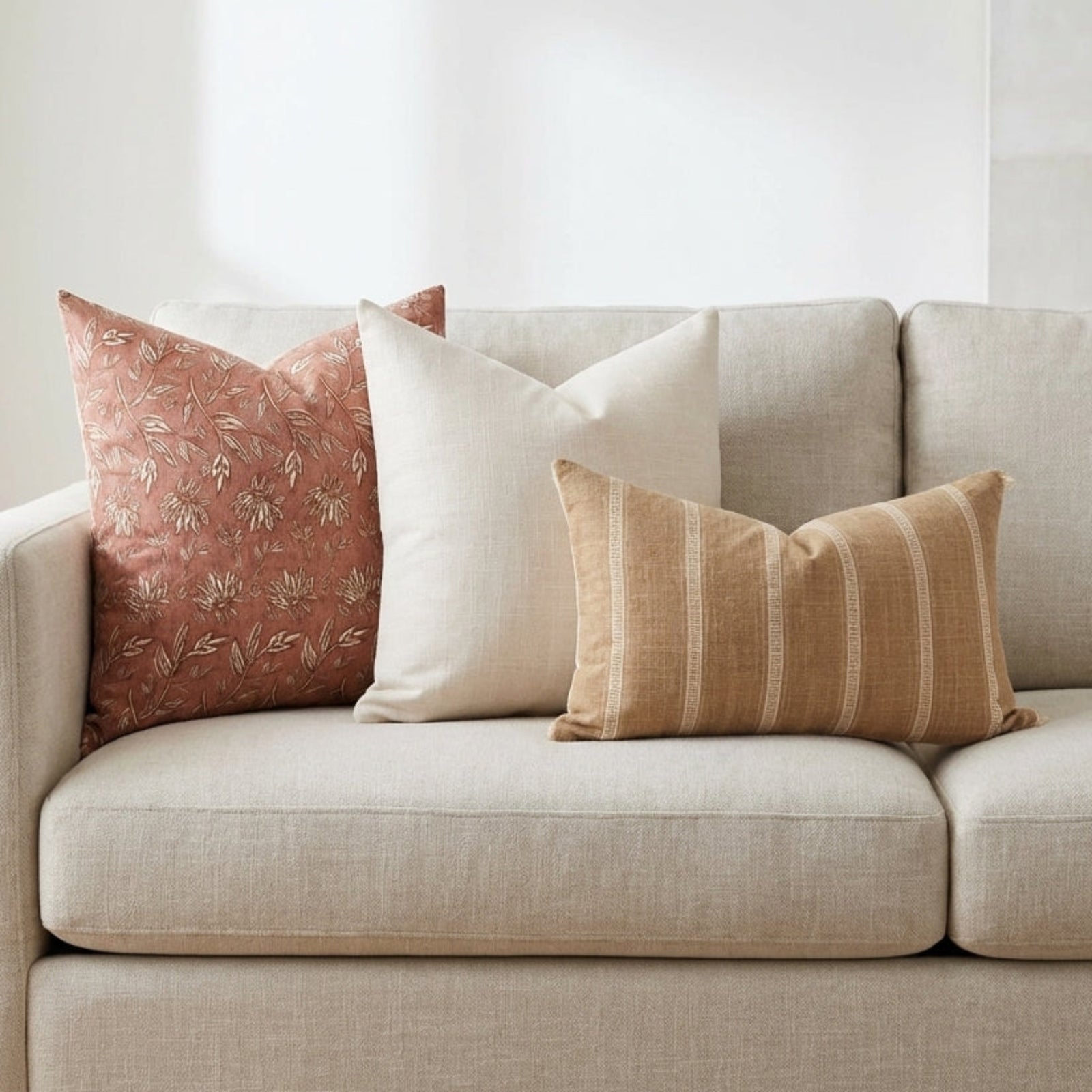 Full view of a sofa with three coordinated pillows on a neutral, airy living space emphasizing texture and layered styling.
