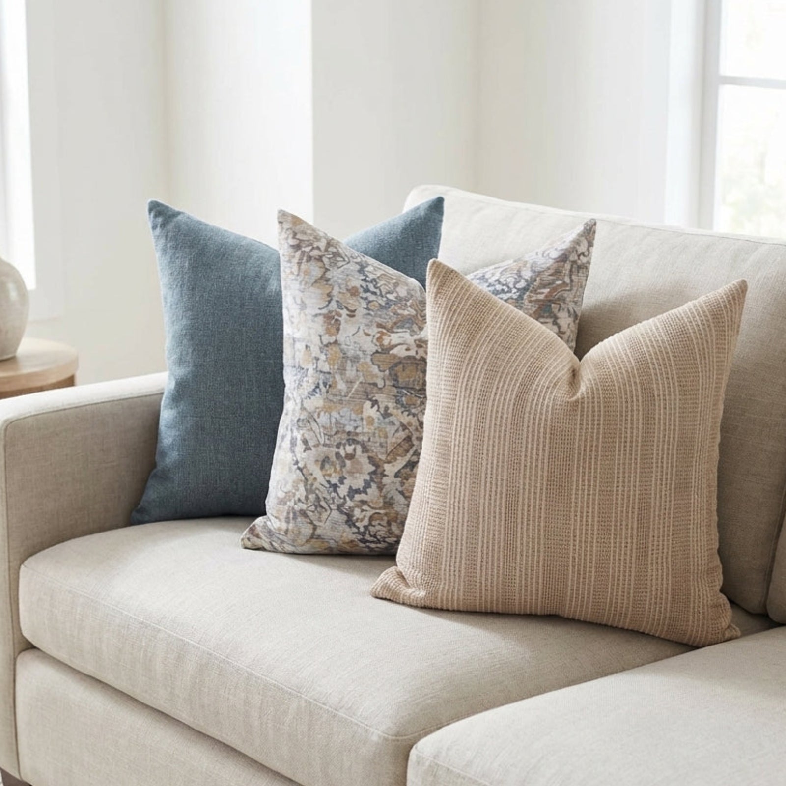 Close-up of 'Single-Sided Combo 1' pillow set on a light sofa, highlighting textures, patterns, and fabric details in a serene setting.