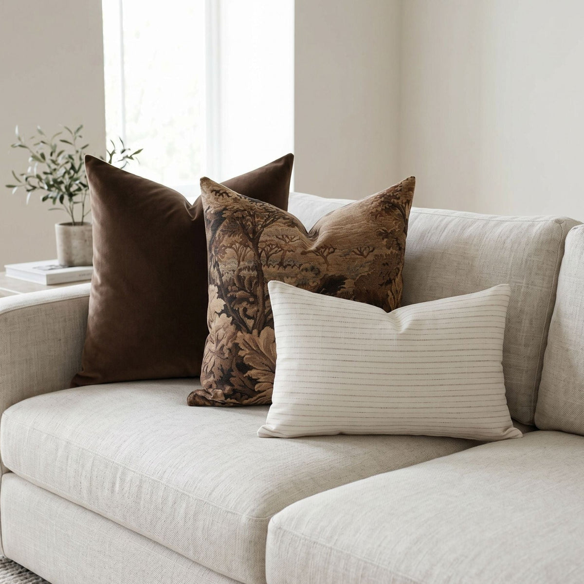 Full sofa view with Finnegan Pillow Set in a neutral, airy environment showcasing sophisticated, textured decor.