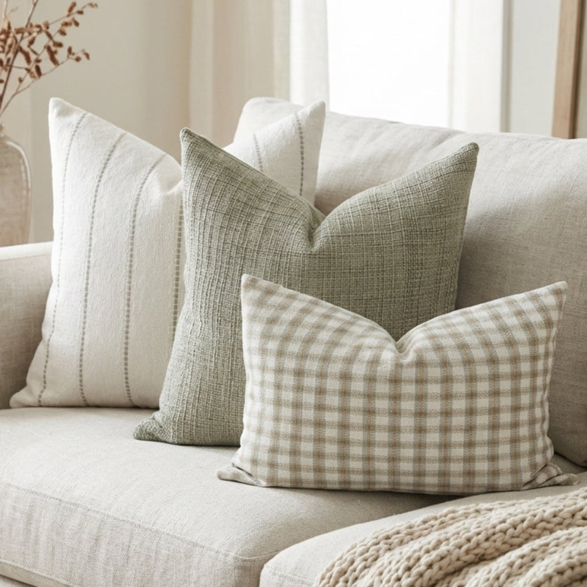 Three pillow covers styled on a cozy sofa highlighting patterns and textures of Kindred Stripe, Jade, and Knox in a natural setting.