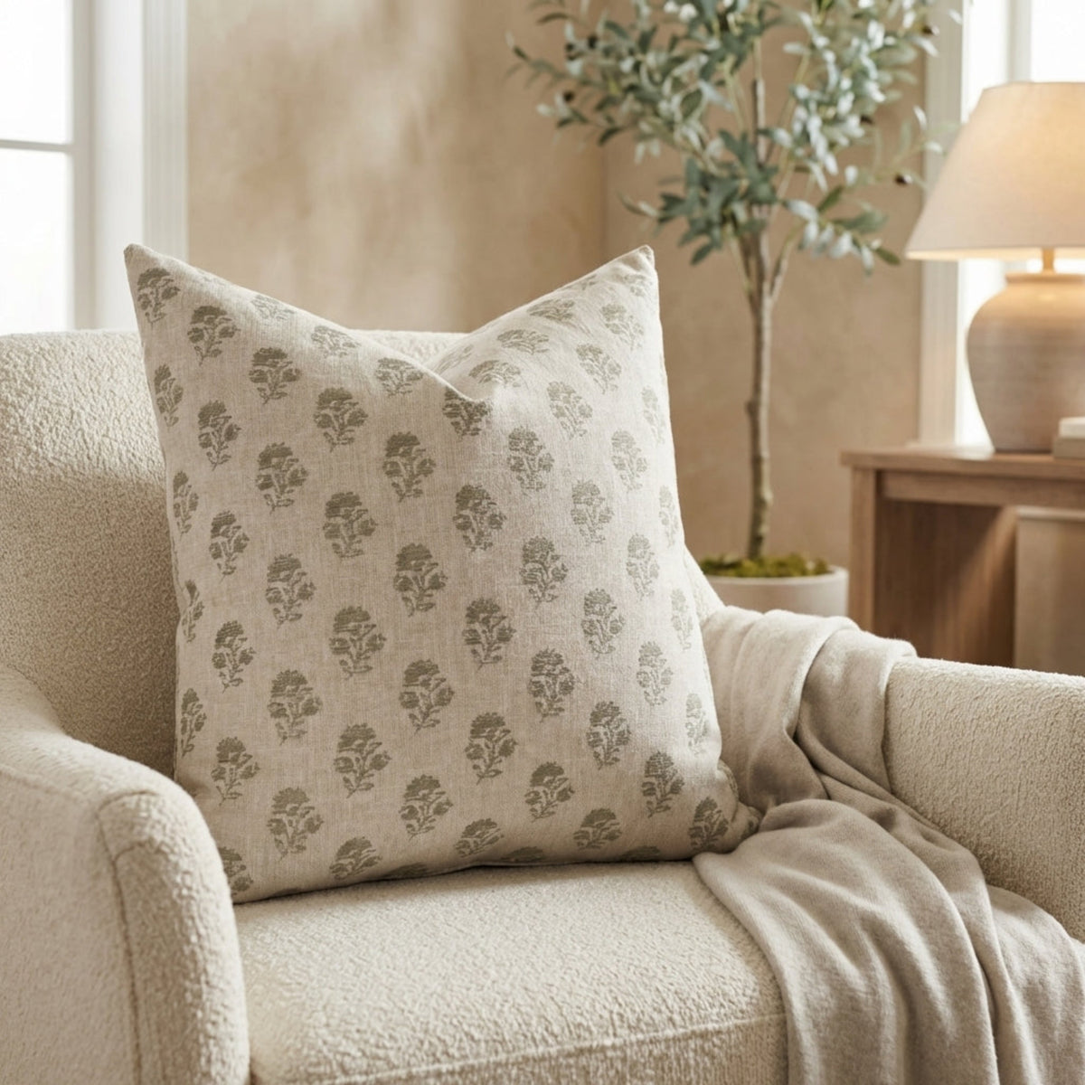 Cecily Pillow Cover on an accent chair in a sophisticated lounge, showcasing craftsmanship, botanical motif, and subtle lighting.