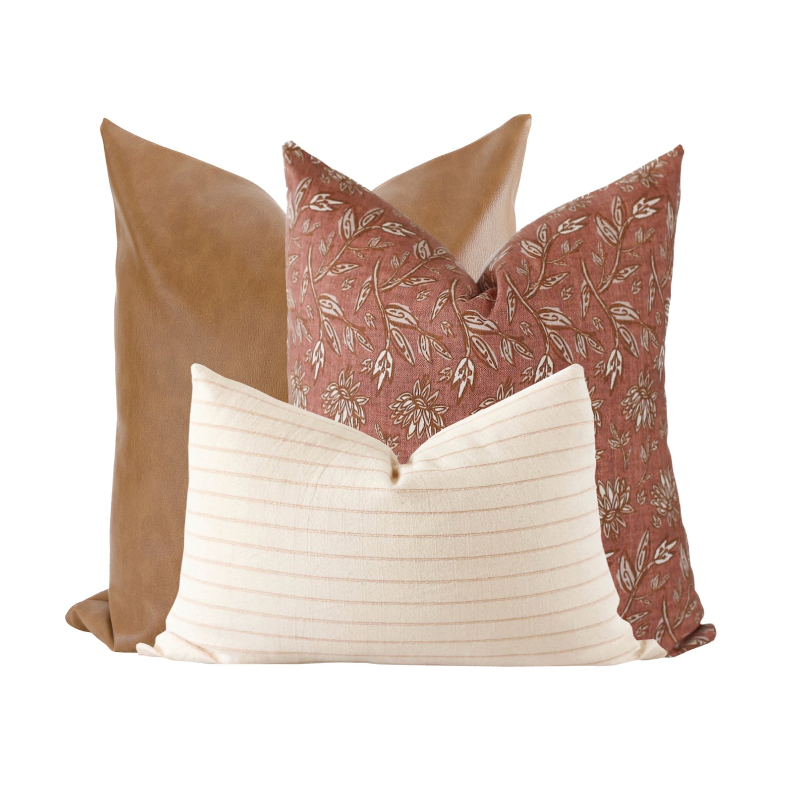 Casual arrangement of Terracotta Sofa Combo 1 pillows on a neutral, airy sofa, emphasizing natural textures, soft lighting, and relaxed, cozy ambiance.